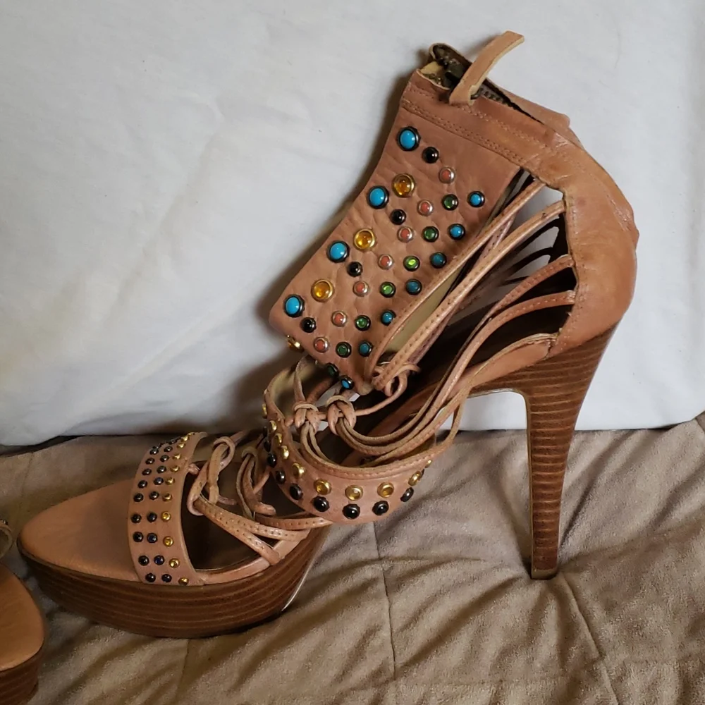 Nine West platform leather embelished heeled sandals - Picture 11 of 14